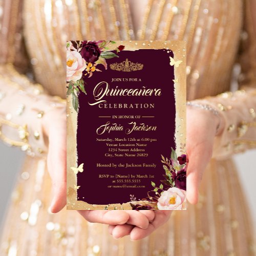 Gold Burgundy Quinceanera Floral Sparkle Tiara  Foil Invitation