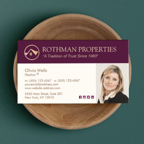 Gold Burgundy Real Estate Agent Photo  Business Card