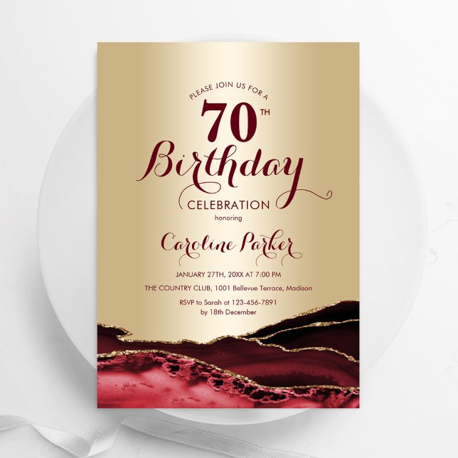 Gold Burgundy Red Agate 70th Birthday Invitation (Creator Uploaded)