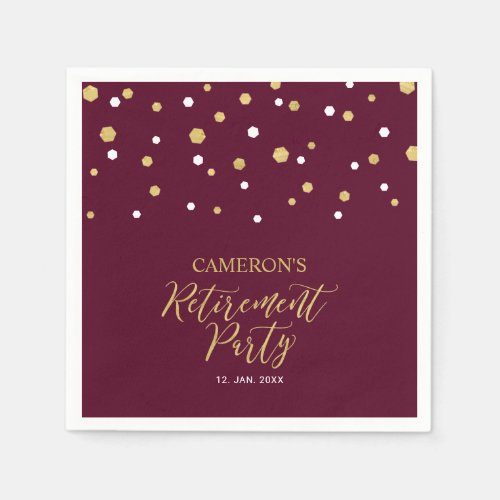 Gold  Burgundy Red Chic Confetti Retirement Napkins