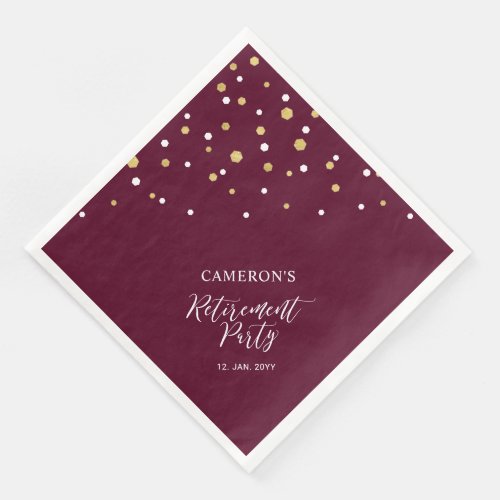 Gold  Burgundy Red Chic Confetti Retirement Party Paper Dinner Napkins