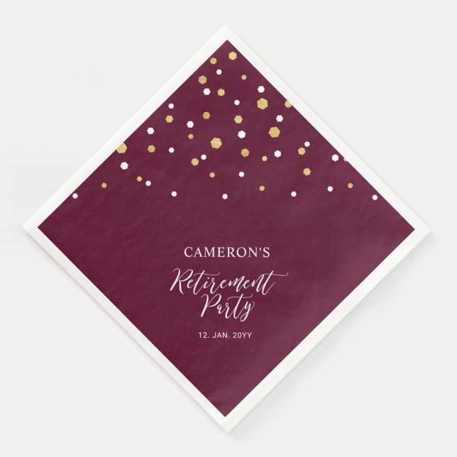 Gold & Burgundy Red Chic Confetti Retirement Party Paper Dinner Napkins (Corner)