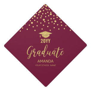 Gold & Burgundy Red Confetti Custom Graduation Cap Topper