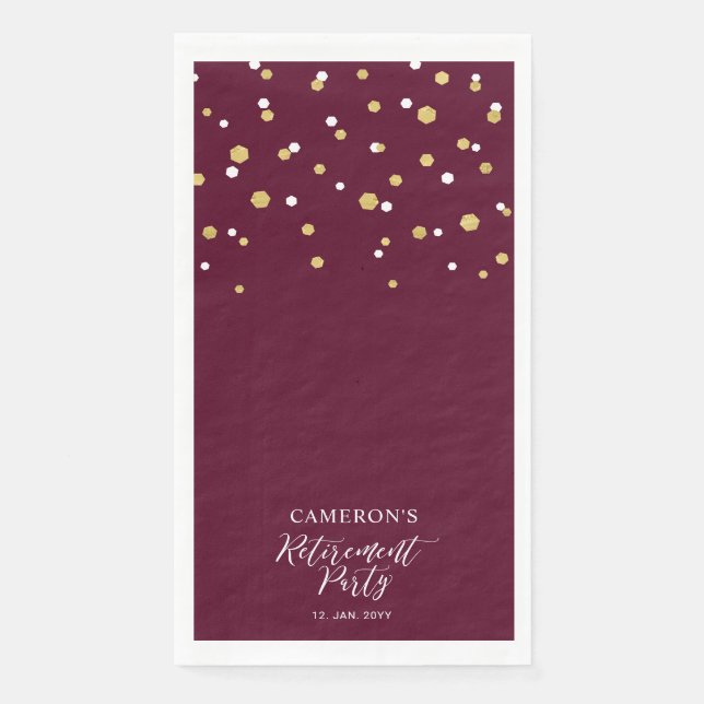 Gold & Burgundy Red Confetti Retirement Party Paper Guest Towels (Front)