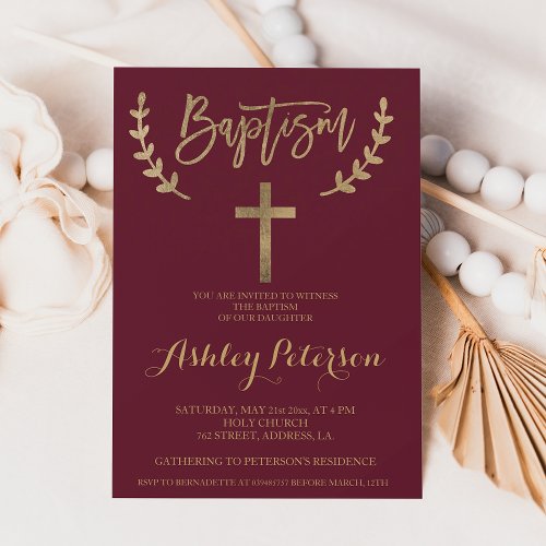 Gold burgundy red elegant typography baptism invitation