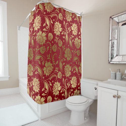 Gold  Burgundy Red Floral Damask Pattern Shower Curtain