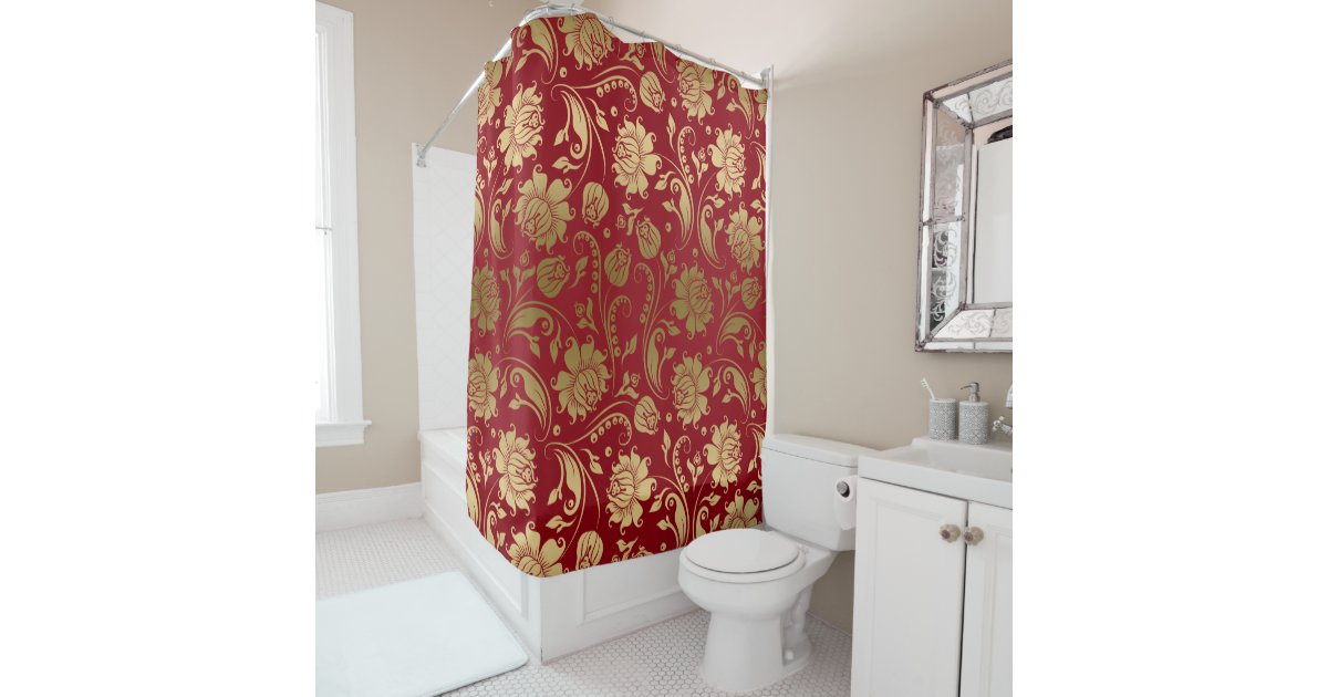 gold burgundy red floral damask pattern shower curtain baby first birthday invitations