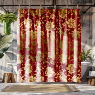 Gold & Burgundy Red Floral Damask Pattern Shower Curtain