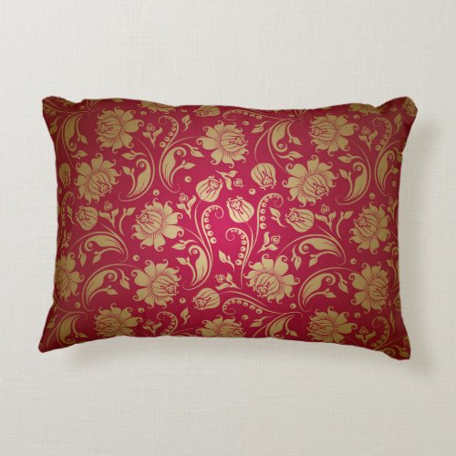 Gold  Burgundy Red Floral Damasks Pattern Accent Pillow