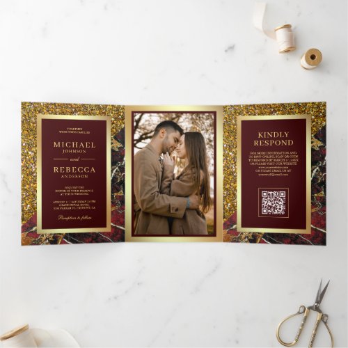 Gold Burgundy Red Marble Photo QR Code Wedding Tri-Fold Invitation