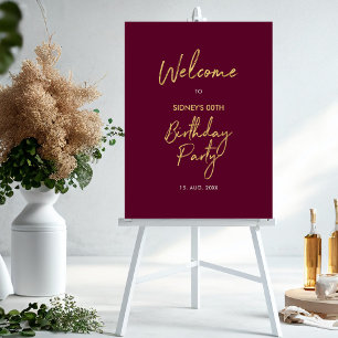 Gold & Burgundy Red Modern Birthday Party Welcome  Foam Board