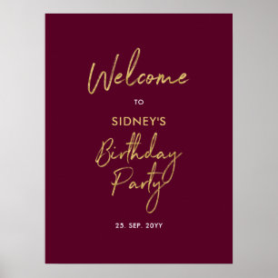 Gold & Burgundy Red Modern Birthday Party Welcome Poster