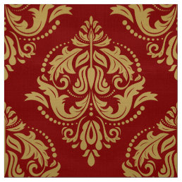 Gold &amp; Burgundy Red Ornate Floral Damasks Fabric