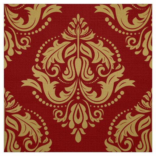 Gold & Burgundy Red Ornate Floral Damasks Fabric