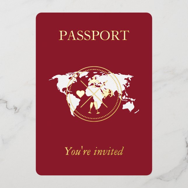 Gold & Burgundy Red Passport Unique Wedding Photo Foil Invitation (Front)