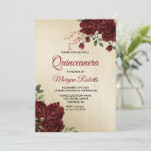 Gold Burgundy Red Rose Floral Quinceanera Invite (Standing Front)