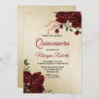 Gold Burgundy Red Rose Floral Quinceanera Invite