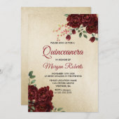 Gold Burgundy Red Rose Floral Quinceanera Invite (Front/Back)
