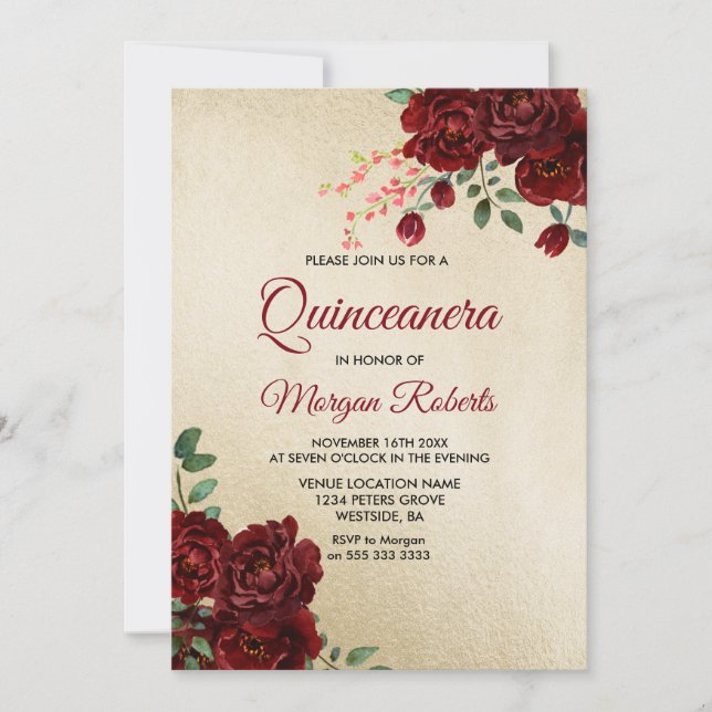 Gold Burgundy Red Rose Floral Quinceanera Invite (Front)