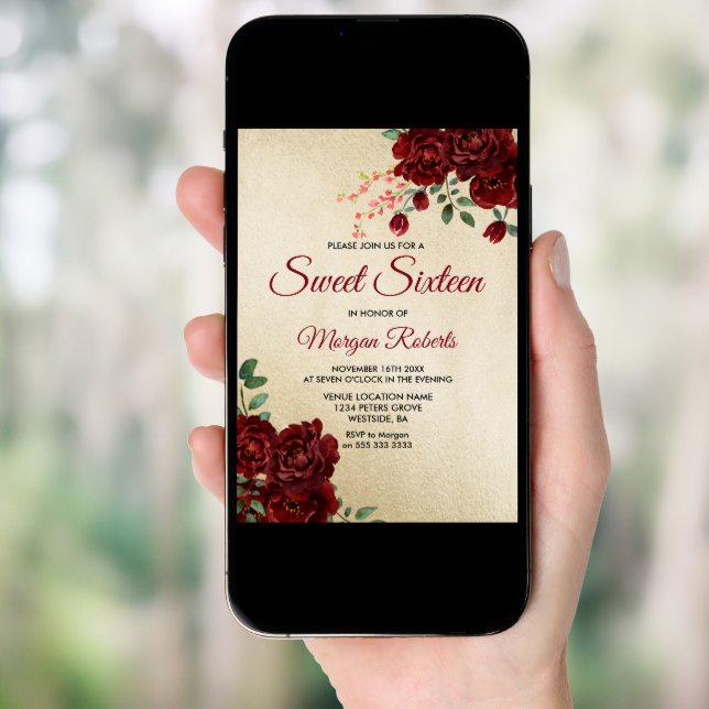 Gold Burgundy Red Rose Floral Sweet 16 Invite (Front Digital)