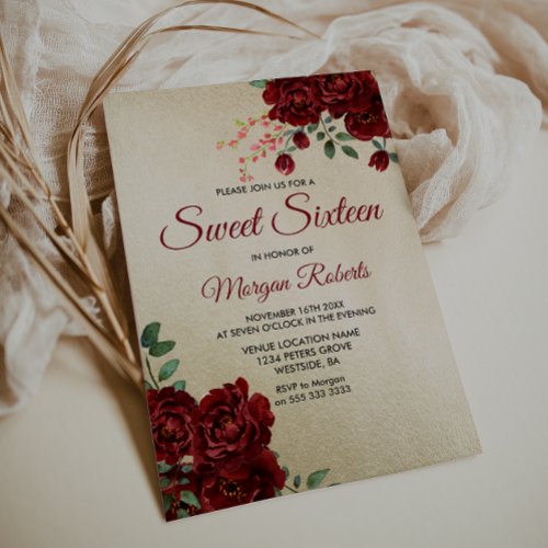 Gold Burgundy Red Rose Floral Sweet 16 Invite
