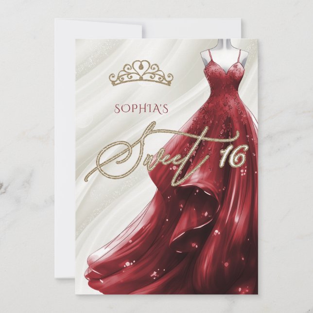 Gold Burgundy Red Sparkle Dress Sweet 16 Invitation (Front)