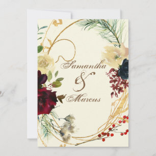 Gold Burgundy Red Watercolor Floral Wreath Wedding Invitation
