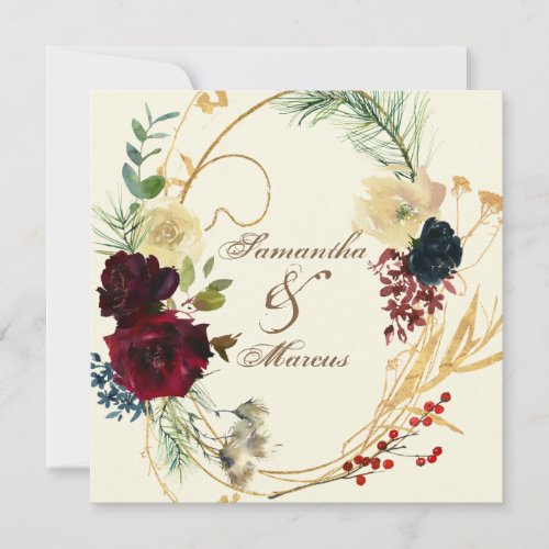 Gold Burgundy Red Watercolor Floral Wreath Wedding Thank You Card