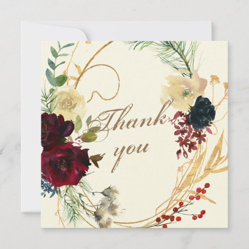 Gold Burgundy Red Watercolor Floral Wreath Wedding Thank You Card