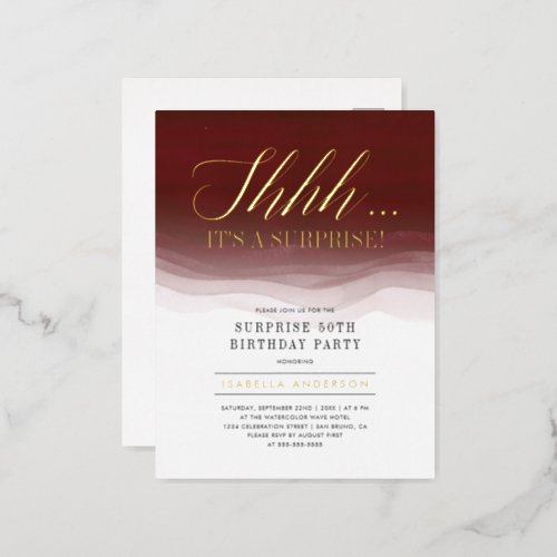 Gold  Burgundy Red Watercolor Surprise Birthday Foil Invitation Postcard