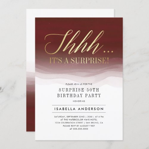 Gold  Burgundy Red Watercolor Surprise Birthday Invitation