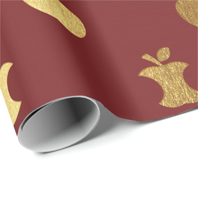 Gold Burgundy Red Wine Metallic Apple Bordeaux Wrapping Paper (Roll Corner)