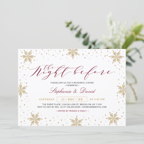 Gold  Burgundy Red Winter Rehearsal Dinner Party Invitation