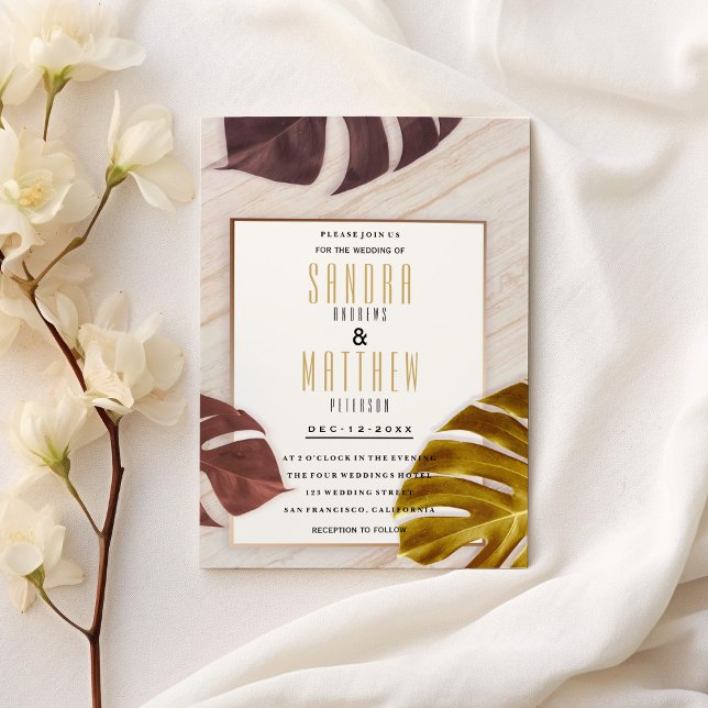 Gold burgundy rose gold marble tropical Wedding  Invitation (Gold burgundy rose gold marble tropical Wedding )