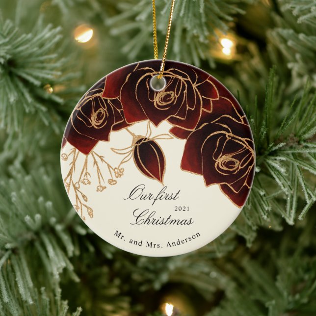 Gold Burgundy Roses Our First Christmas Photo Ceramic Ornament (Tree)