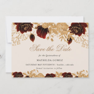 Gold Burgundy Roses Quinceañera save the date Invitation