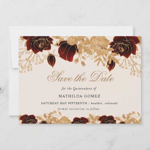 Gold Burgundy Roses Quinceaera save the date  Invitation