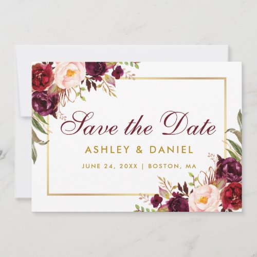 Gold Burgundy Save The Date Floral