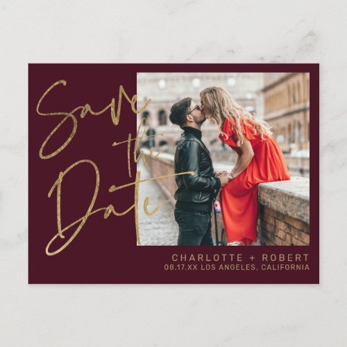 Gold burgundy script photo wedding save the date announcement postcard