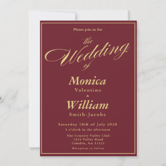 Gold Burgundy Script Typography Wedding Invitation