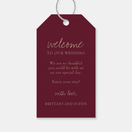 Gold  Burgundy Script Wedding Welcome Gift Tags