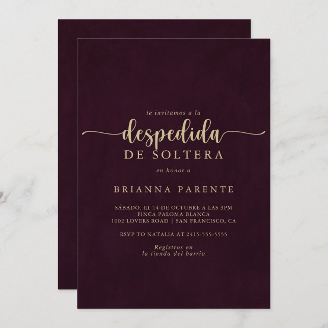 Gold Burgundy Spanish Bridal Shower   Invitation (Front/Back)