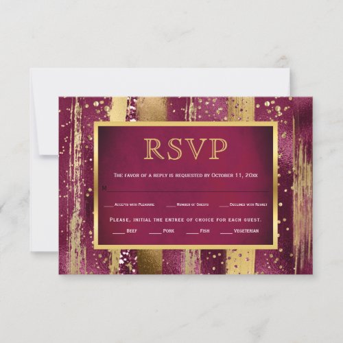 Gold burgundy strokes confetti wedding RSVP card