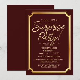 Gold & Burgundy Surprise 50th Birthday Party Invitation