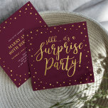 Gold & Burgundy | Surprise 60th Birthday Party Invitation<br><div class="desc">Celebrate your special day with this stylish modern surprise birthday party invitation template. This design features chic gold textured calligraphy and confetti on a burgundy red background. You can customize the text to any birthday or event. (21st,  30th,  40th,  50th,  60th,  70th,  80th,  90th,  100th)</div>