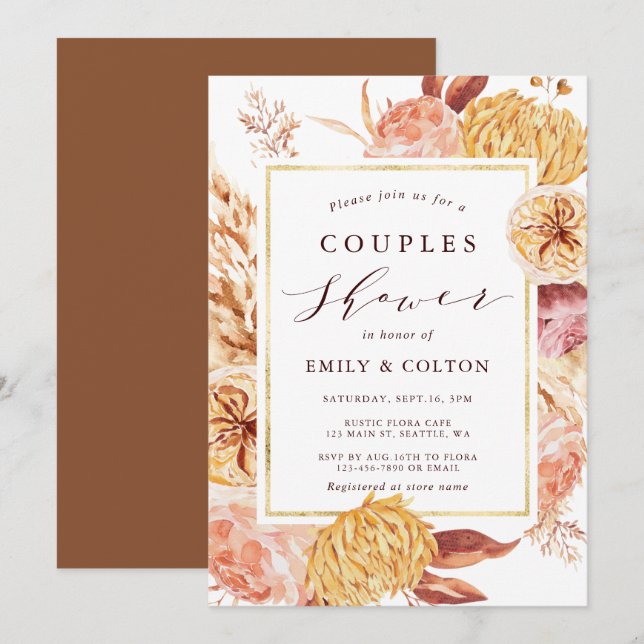Gold Burgundy Terracotta Floral Couples Shower  Invitation (Front/Back)