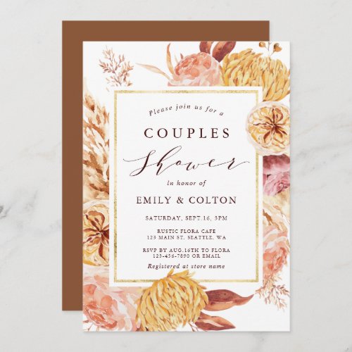 Gold Burgundy Terracotta Floral Couples Shower  Invitation