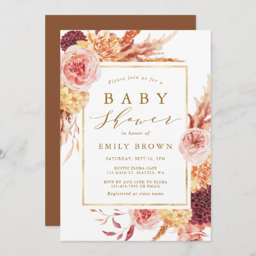 Gold Burgundy Terracotta Flowers Baby Shower Invitation