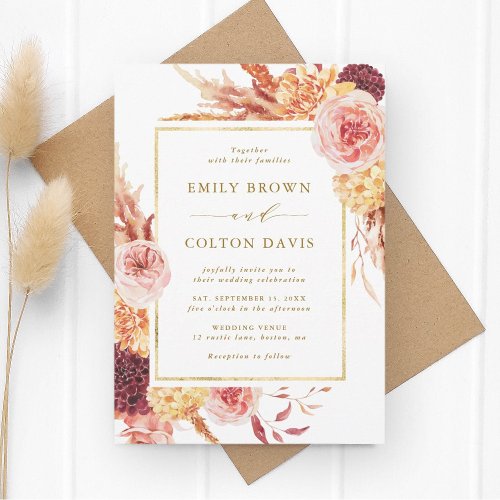 Gold Burgundy Terracotta Watercolor Floral Wedding Invitation