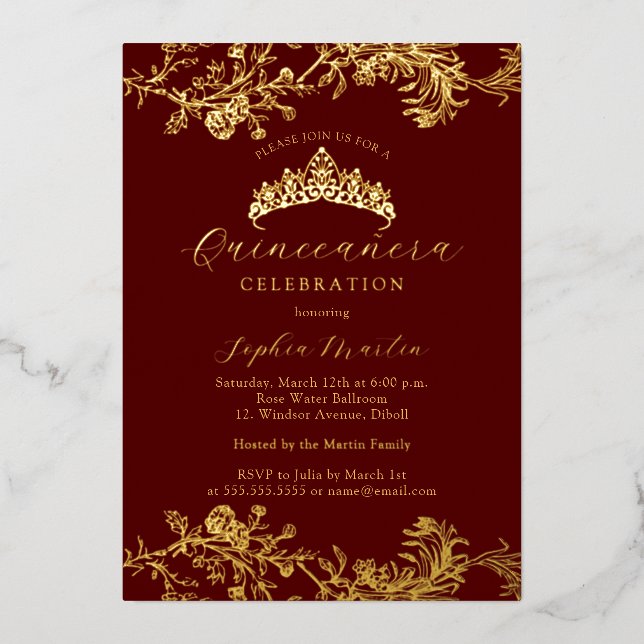 Gold Burgundy Vintage Elegant Quinceanera  Foil Invitation (Front)